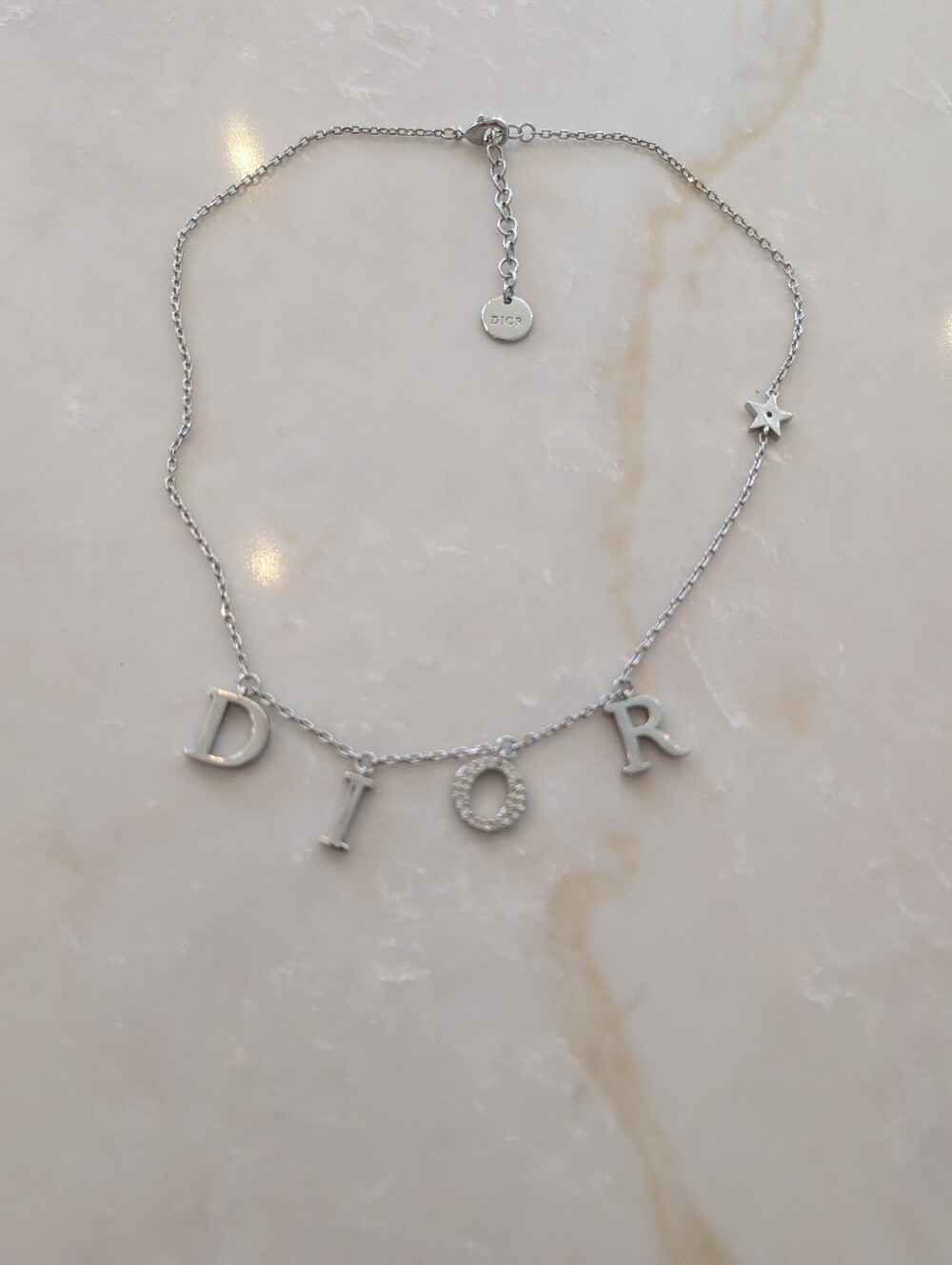 DIOR Silver Letter Necklace with Crystal O Accent